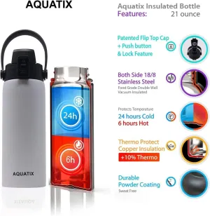 White, 21 Ounce Pure Stainless Steel Double Wall Vacuum Insulated Sports Water Bottle Convenient Flip Top Cap with Removable Strap Handle - Keeps Drinks Cold 24 hr / Hot 6 hr
