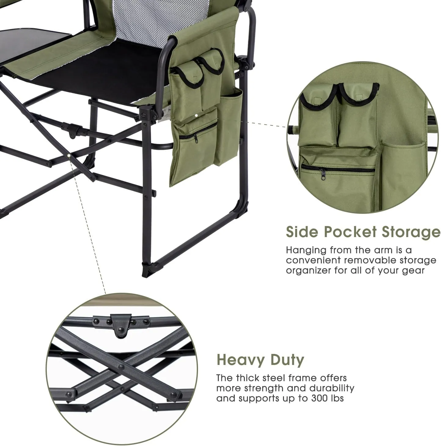 Wide Folding Director Chair with Table, Outdoor Camping Chair for Adults with Cup Holder Load 330 Lbs, Portable Chair for Outside with Carry Bag for Patio, Green