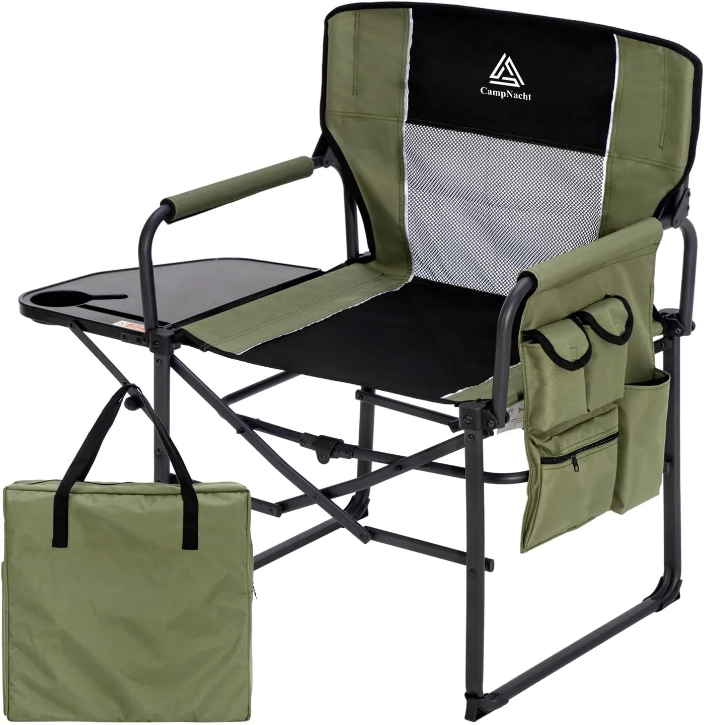 Wide Folding Director Chair with Table, Outdoor Camping Chair for Adults with Cup Holder Load 330 Lbs, Portable Chair for Outside with Carry Bag for Patio, Green