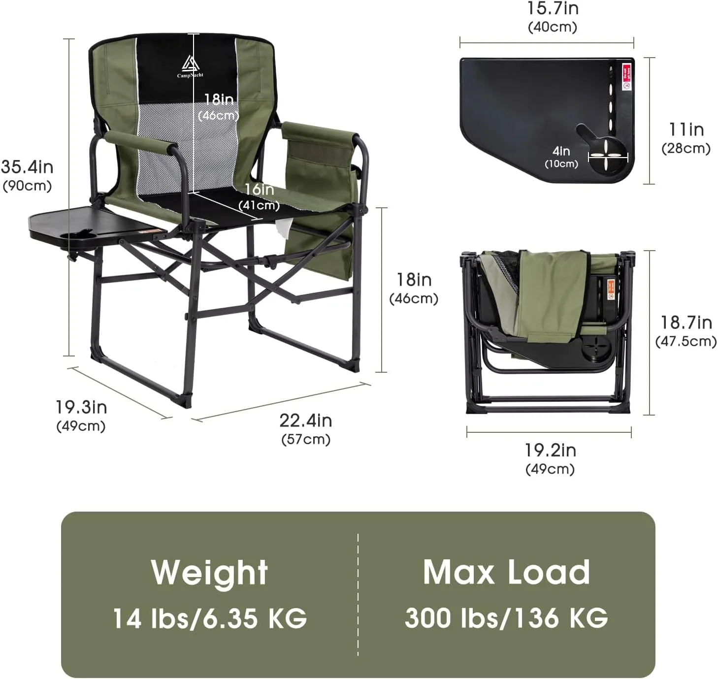 Wide Folding Director Chair with Table, Outdoor Camping Chair for Adults with Cup Holder Load 330 Lbs, Portable Chair for Outside with Carry Bag for Patio, Green