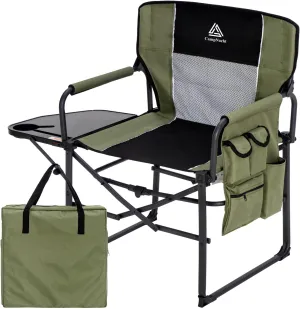 Wide Folding Director Chair with Table, Outdoor Camping Chair for Adults with Cup Holder Load 330 Lbs, Portable Chair for Outside with Carry Bag for Patio, Green