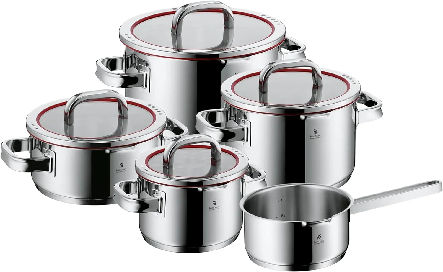 WMF Function 4 5-Piece Induction Saucepan Set, Glass Lid with 4 Pouring Functions, Polished Cromargan Stainless Steel, Induction Pots Set, Inner Scale