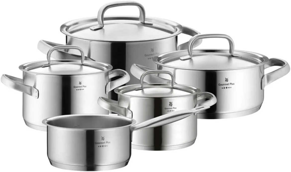 WMF Pot Set 5-Piece Gourmet Plus Inside Scale Steam Vent Made in Germany Hollow Handles Metal Lid Cromargan® Stainless Steel Suitable for Induction Hobs Dishwasher-Safe