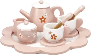 Wooden Afternoon Tea Set Toys for Toddlers Realistic Teapot Cups Carrying Tray Scoops Pretend Play Learning Role Play 12 pcs Pink Gift for Kids