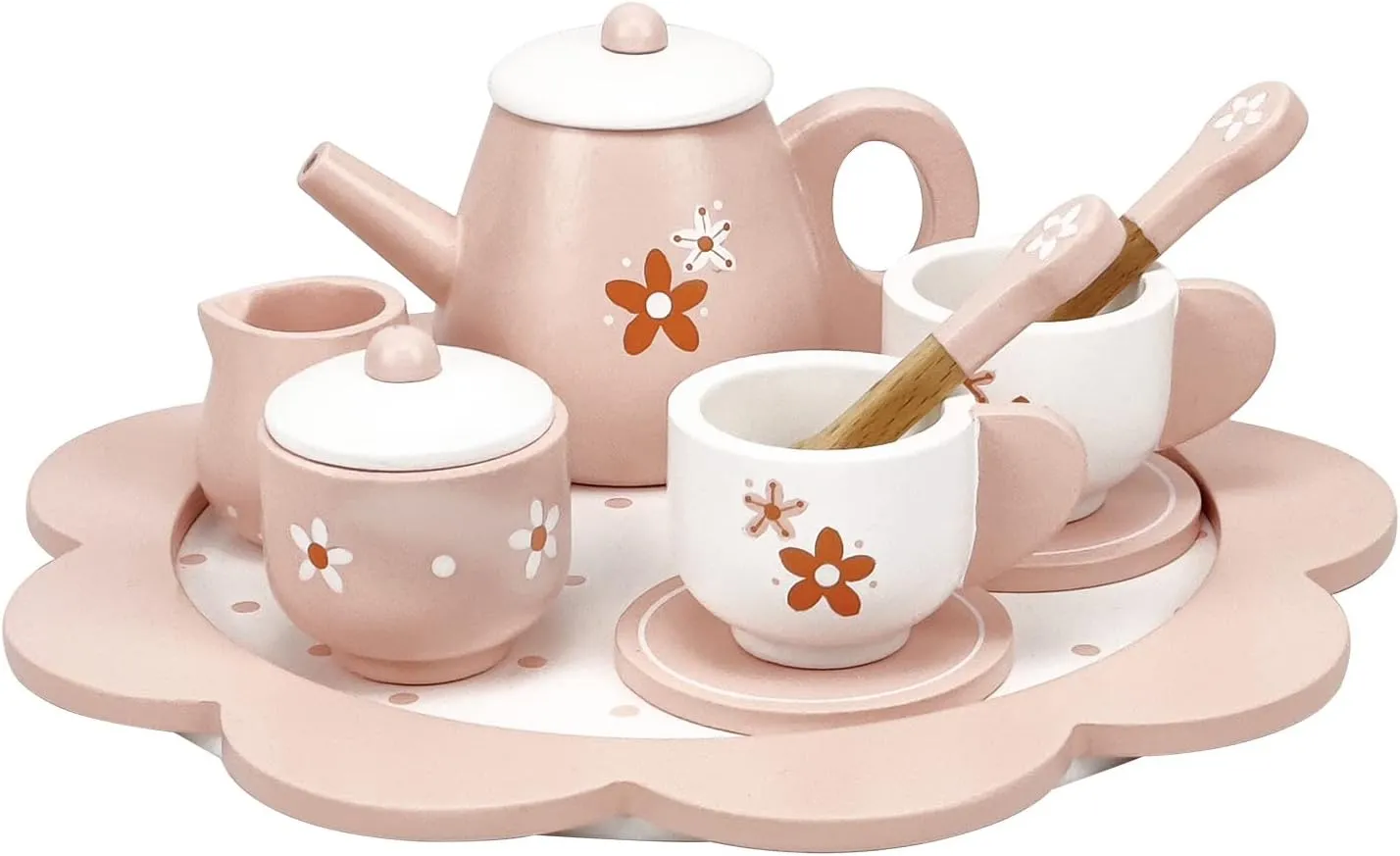 Wooden Afternoon Tea Set Toys for Toddlers Realistic Teapot Cups Carrying Tray Scoops Pretend Play Learning Role Play 12 pcs Pink Gift for Kids