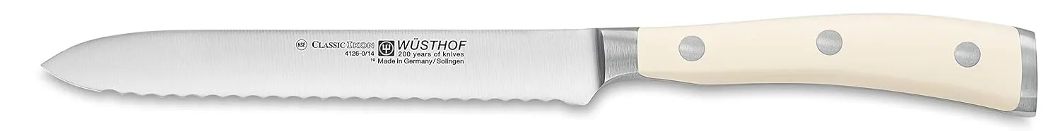Wusthof Classic Ikon 5-Inch Serrated Utility Knife, Creme