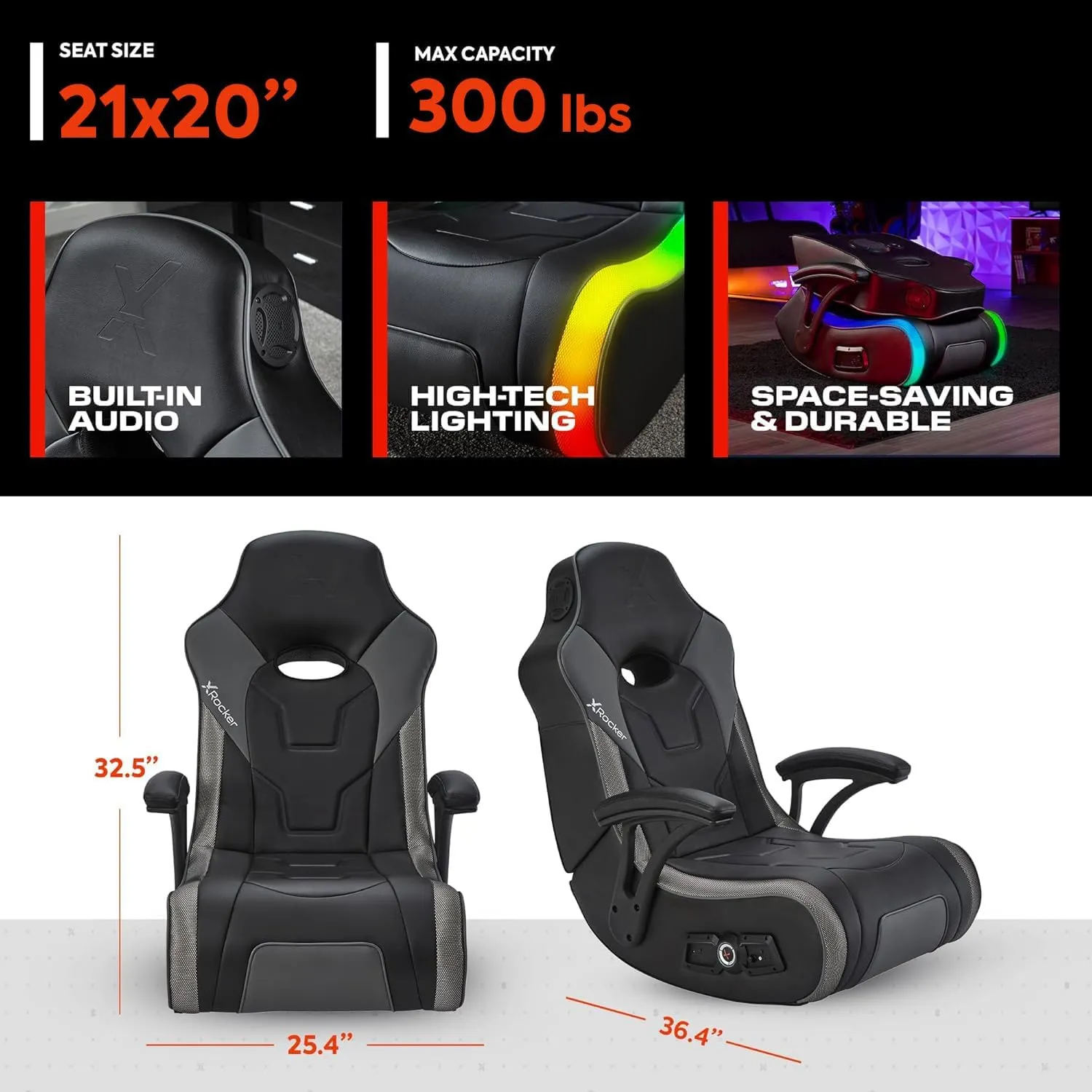 X Rocker Video Gaming Chair for Adults, XL Floor Rocker Chair with Built-in Audio Speakers, Foldable for Bedroom or Game Room, Gifts for Gamers