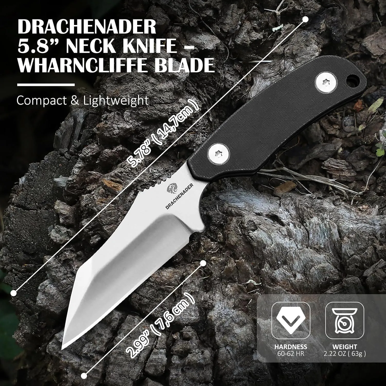 X-WH 5.78" Fixed Blade Knife with Kydex Sheath, 2.99" D2 Steel Blade, Neck Knife with Necklace, G10 Handle for Men, EDC Horizontal Carry Neck Knife wtih Clip