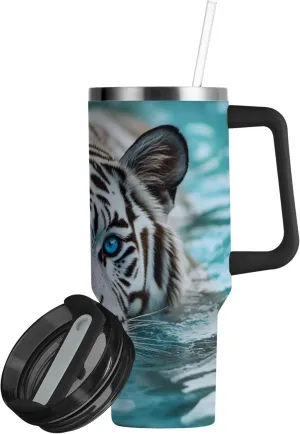 xigua 30 oz White Tiger Tumbler with Handle and Straw Lid, Stainless Steel Vacuum Insulated Sports Water Bottle, Keeps Cold or Hot Coffee Cup Travel Mug