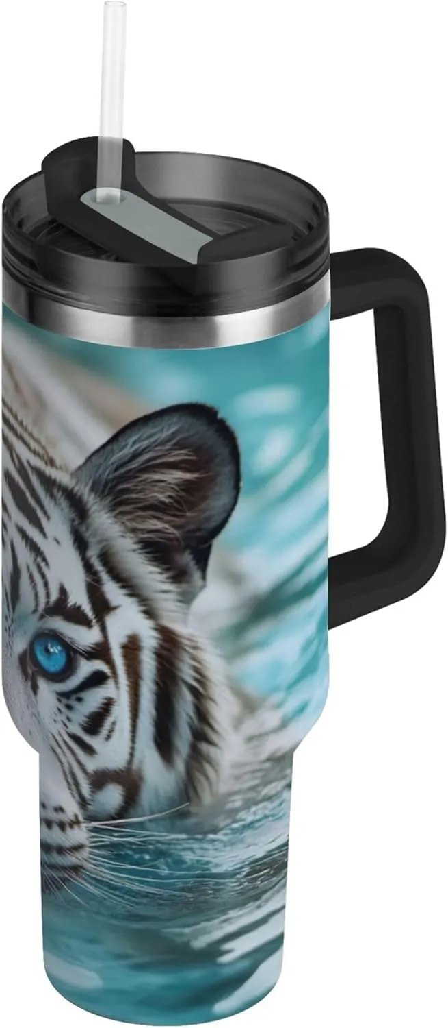 xigua 30 oz White Tiger Tumbler with Handle and Straw Lid, Stainless Steel Vacuum Insulated Sports Water Bottle, Keeps Cold or Hot Coffee Cup Travel Mug