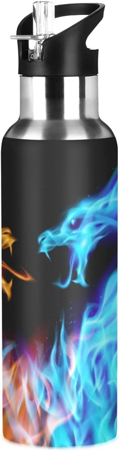 xigua Blue And Orange Fiery Dragon Water Bottle with Straw Lid 20 oz - Vacuum Insulated Stainless Steel Water Bottles Leakproof Water Flask for Fitness Sports Outdoor