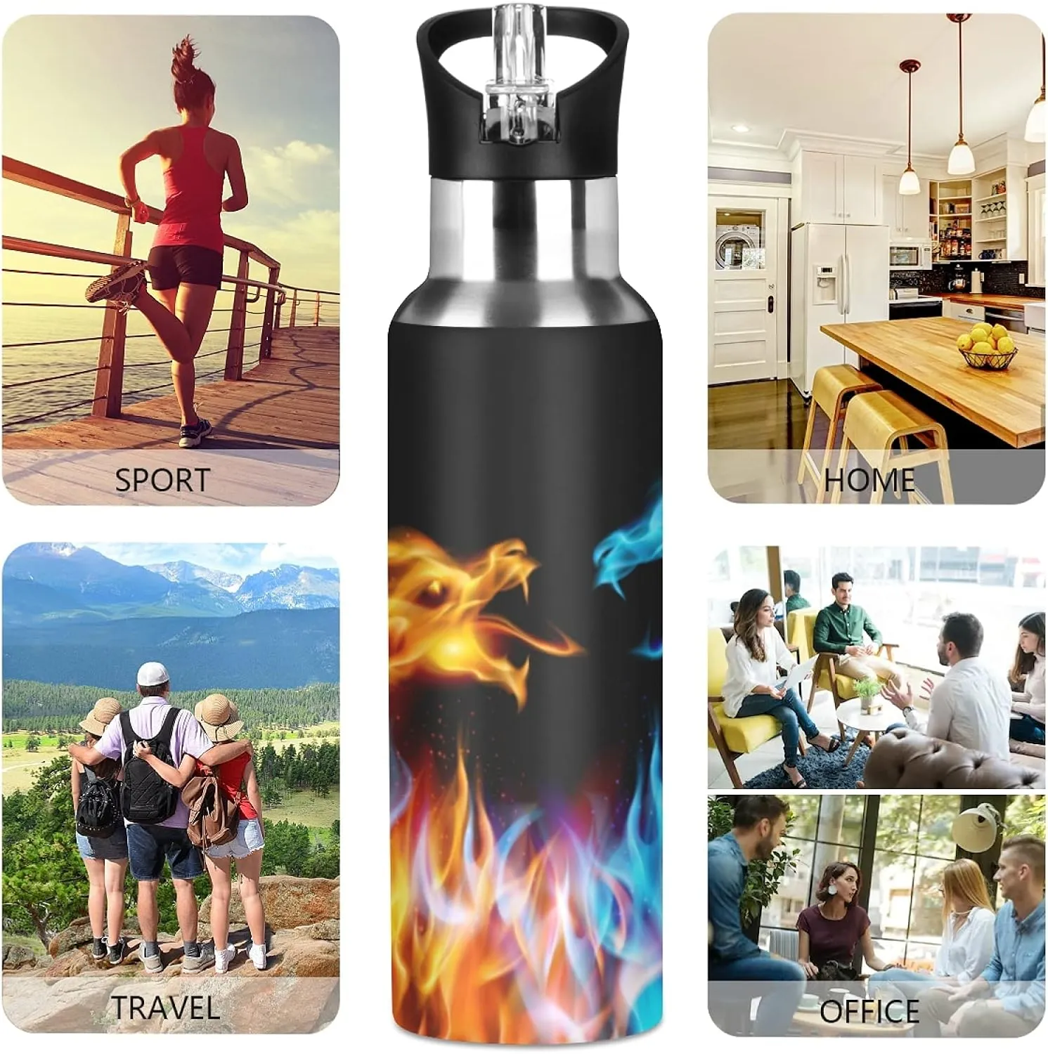 xigua Blue And Orange Fiery Dragon Water Bottle with Straw Lid 20 oz - Vacuum Insulated Stainless Steel Water Bottles Leakproof Water Flask for Fitness Sports Outdoor