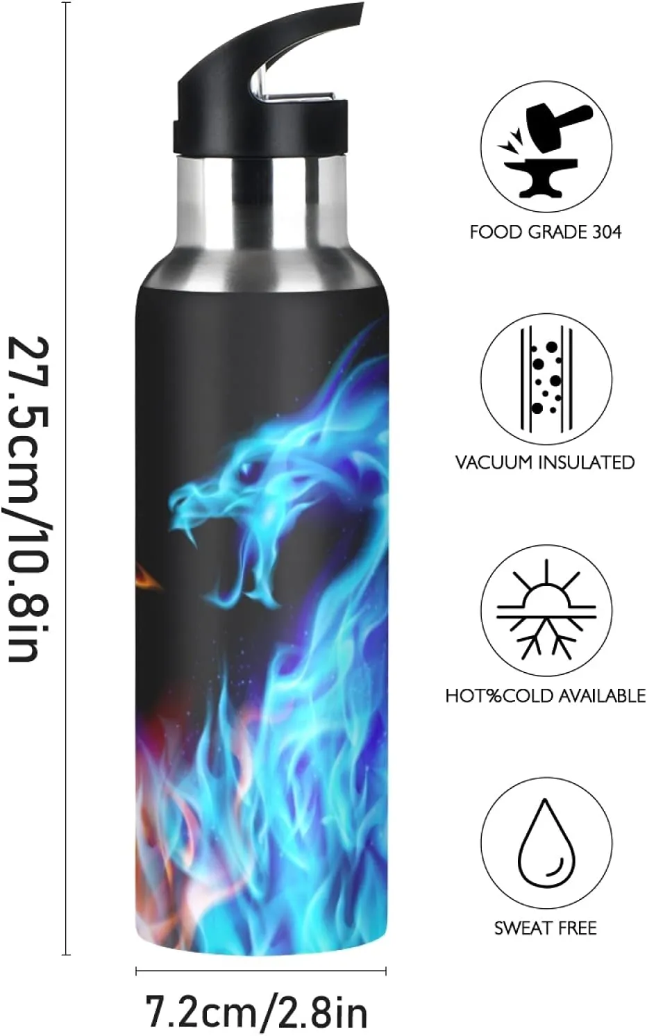 xigua Blue And Orange Fiery Dragon Water Bottle with Straw Lid 20 oz - Vacuum Insulated Stainless Steel Water Bottles Leakproof Water Flask for Fitness Sports Outdoor