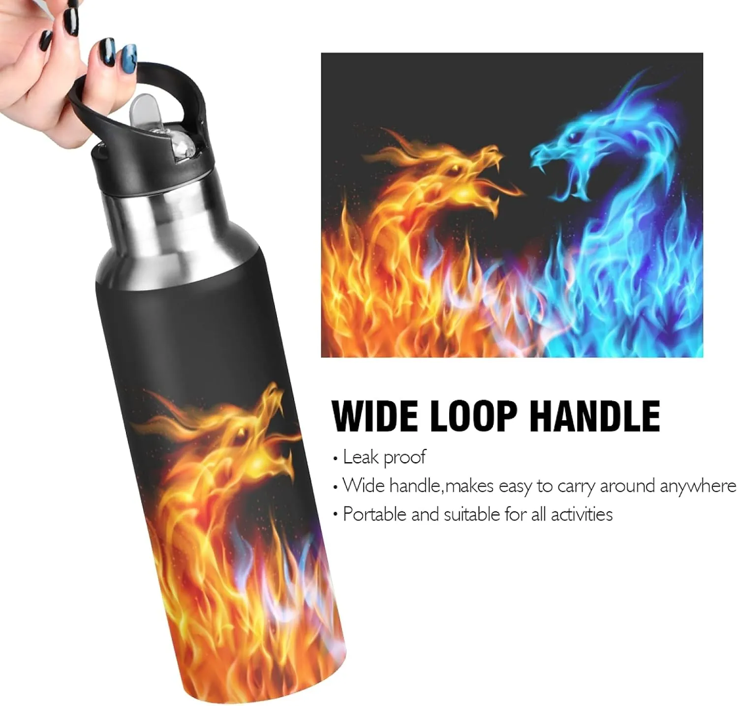 xigua Blue And Orange Fiery Dragon Water Bottle with Straw Lid 20 oz - Vacuum Insulated Stainless Steel Water Bottles Leakproof Water Flask for Fitness Sports Outdoor