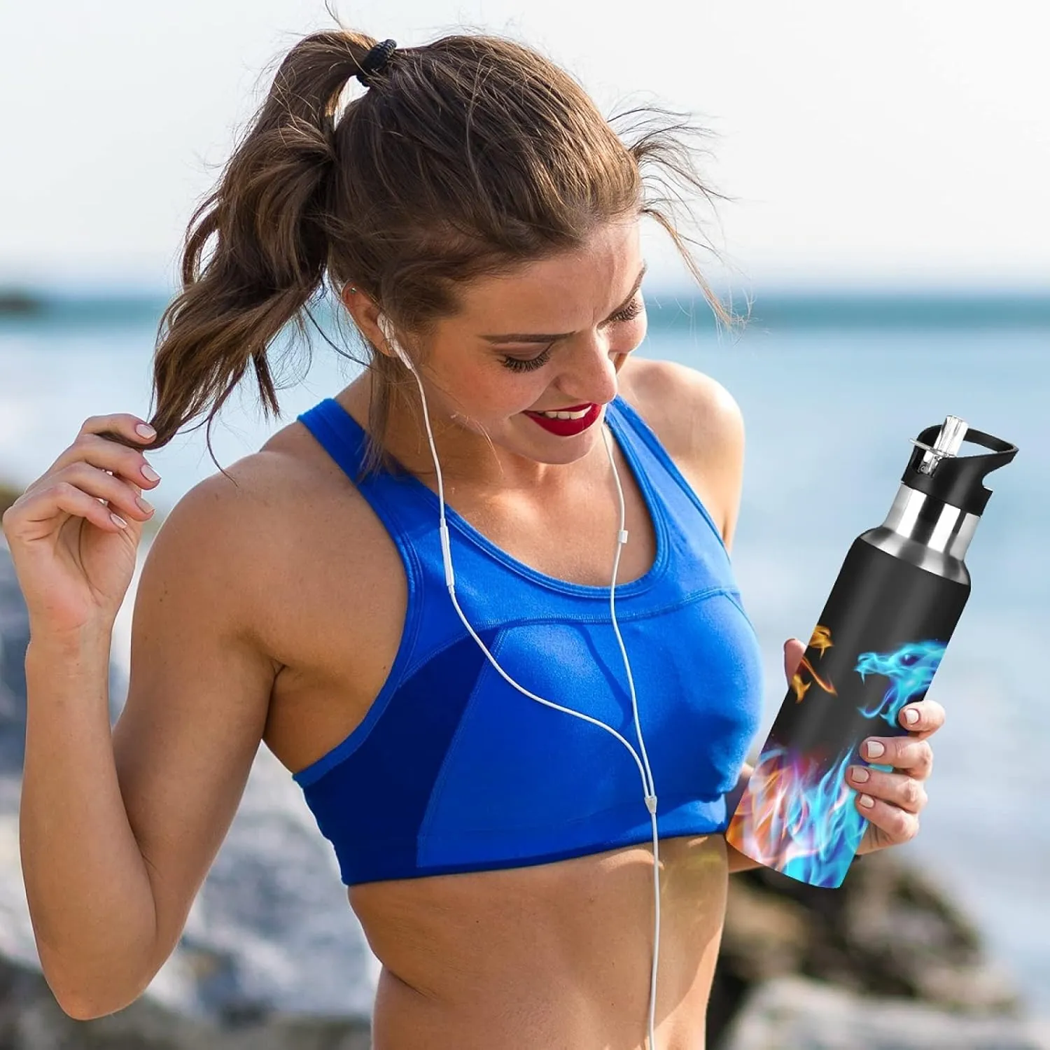 xigua Blue And Orange Fiery Dragon Water Bottle with Straw Lid 20 oz - Vacuum Insulated Stainless Steel Water Bottles Leakproof Water Flask for Fitness Sports Outdoor