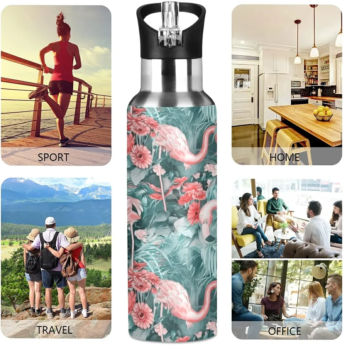 xigua Flamingos Water Bottle with Straw Lid 20 oz - Vacuum Insulated Stainless Steel Water Bottles Leakproof Water Flask for Fitness Sports Outdoor