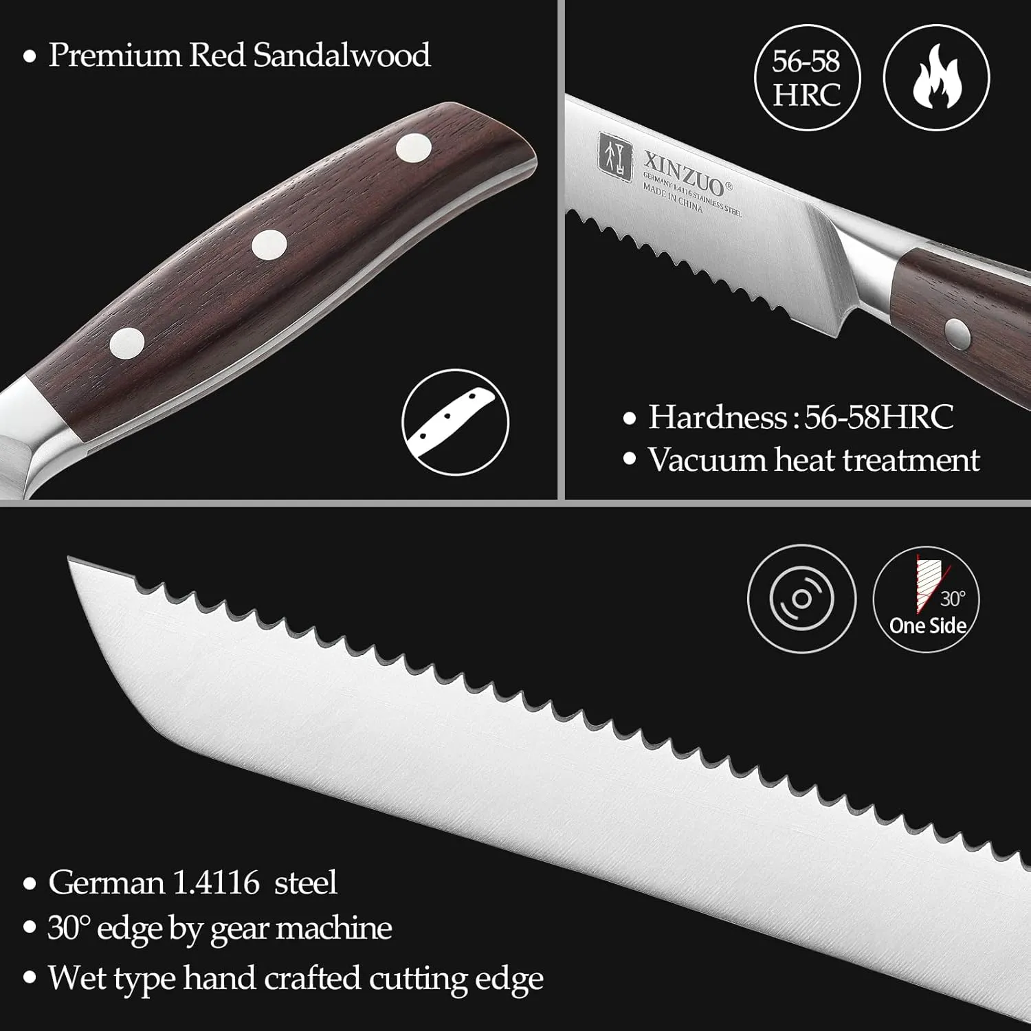 XINZUO Bread Knife, 8 Inch Serrated Bread Knife, German Stainless Steel Bread Cutting Knife, Multifunction Bread Knife for Homemade Bread Sourdough with Red Sandalwood Handle