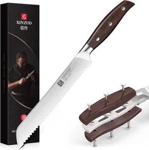 XINZUO Bread Knife, 8 Inch Serrated Bread Knife, German Stainless Steel Bread Cutting Knife, Multifunction Bread Knife for Homemade Bread Sourdough with Red Sandalwood Handle