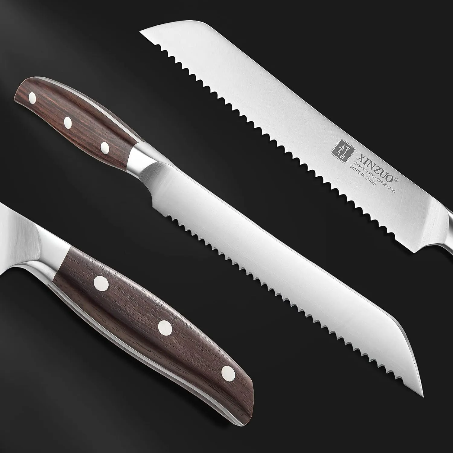 XINZUO Bread Knife, 8 Inch Serrated Bread Knife, German Stainless Steel Bread Cutting Knife, Multifunction Bread Knife for Homemade Bread Sourdough with Red Sandalwood Handle