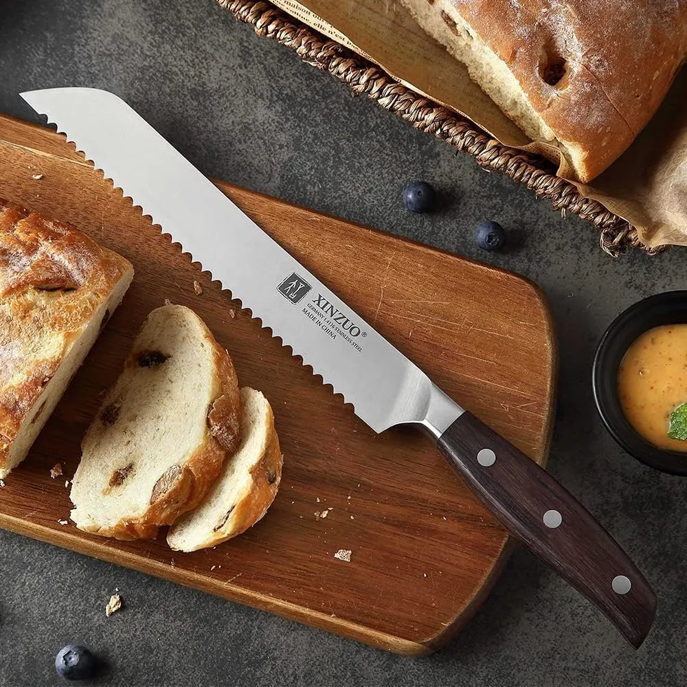XINZUO Bread Knife, 8 Inch Serrated Bread Knife, German Stainless Steel Bread Cutting Knife, Multifunction Bread Knife for Homemade Bread Sourdough with Red Sandalwood Handle