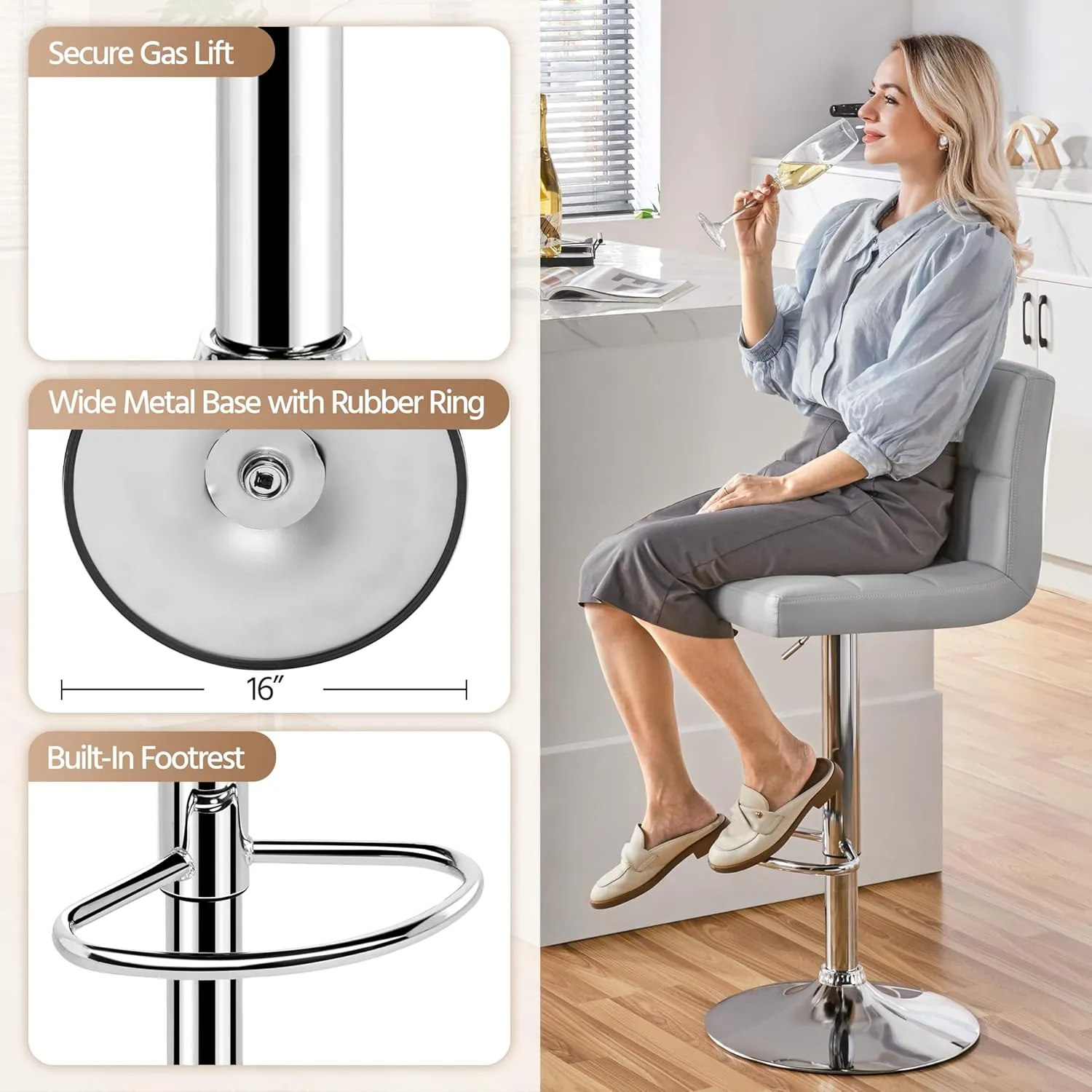 Yaheetech Bar Stools Set of 2, PU Leather Adjustable Barstools, Modern Counter Stools with Back and Footrest, Counter Height Barstools for Bar, Kitchen, Dining Room, Light Gray