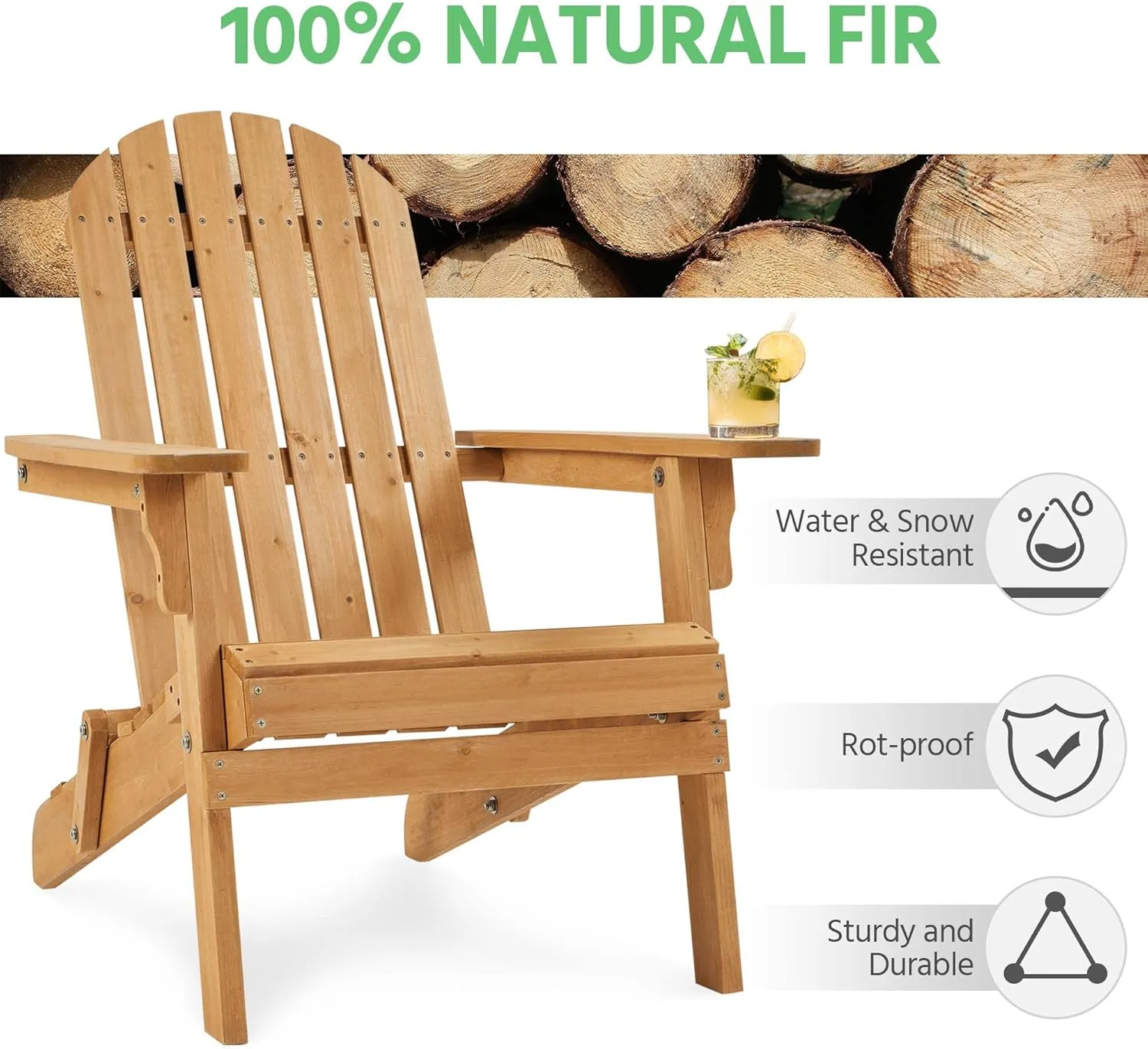 Yaheetech Folding Adirondack Chair Set of 2 Outdoor, 300LBS Solid Wood Garden Chair Weather Resistant, Fire Pit Lounge Chairs for Garden/Yard/Patio/Lawn, Natural Wood