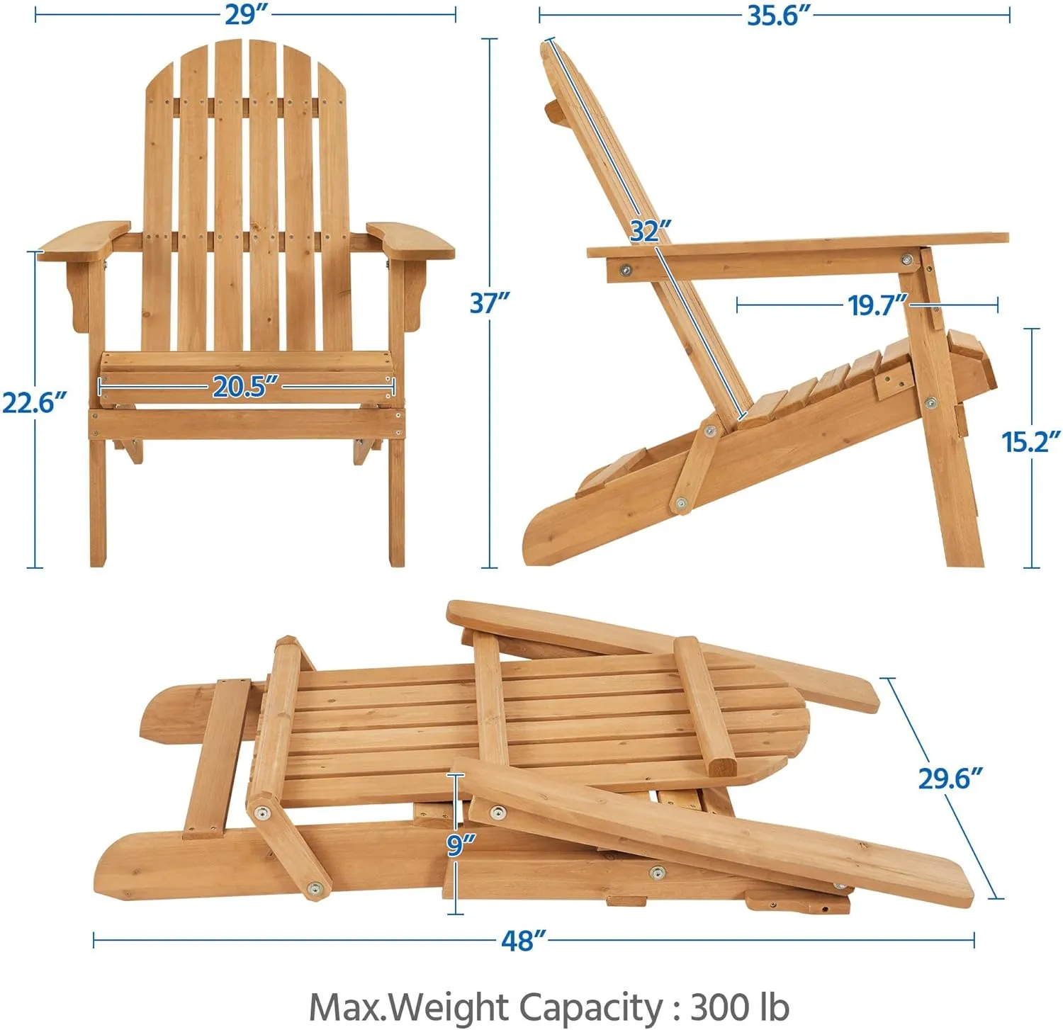 Yaheetech Folding Adirondack Chair Set of 2 Outdoor, 300LBS Solid Wood Garden Chair Weather Resistant, Fire Pit Lounge Chairs for Garden/Yard/Patio/Lawn, Natural Wood