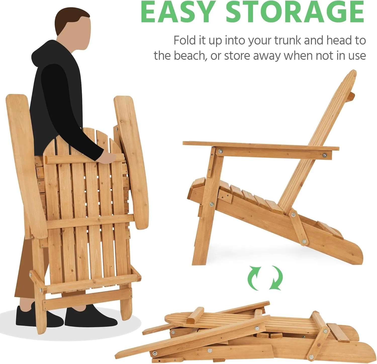 Yaheetech Folding Adirondack Chair Set of 2 Outdoor, 300LBS Solid Wood Garden Chair Weather Resistant, Fire Pit Lounge Chairs for Garden/Yard/Patio/Lawn, Natural Wood