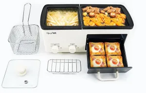 Yangming Newest 4 in 1 Breakfast Maker Station With Grill, Toast Drawer and Frying Basket, Removable Nonstick Plates, Independent Dual Temperature Control, Essential for Breakfast Burgers Eggs