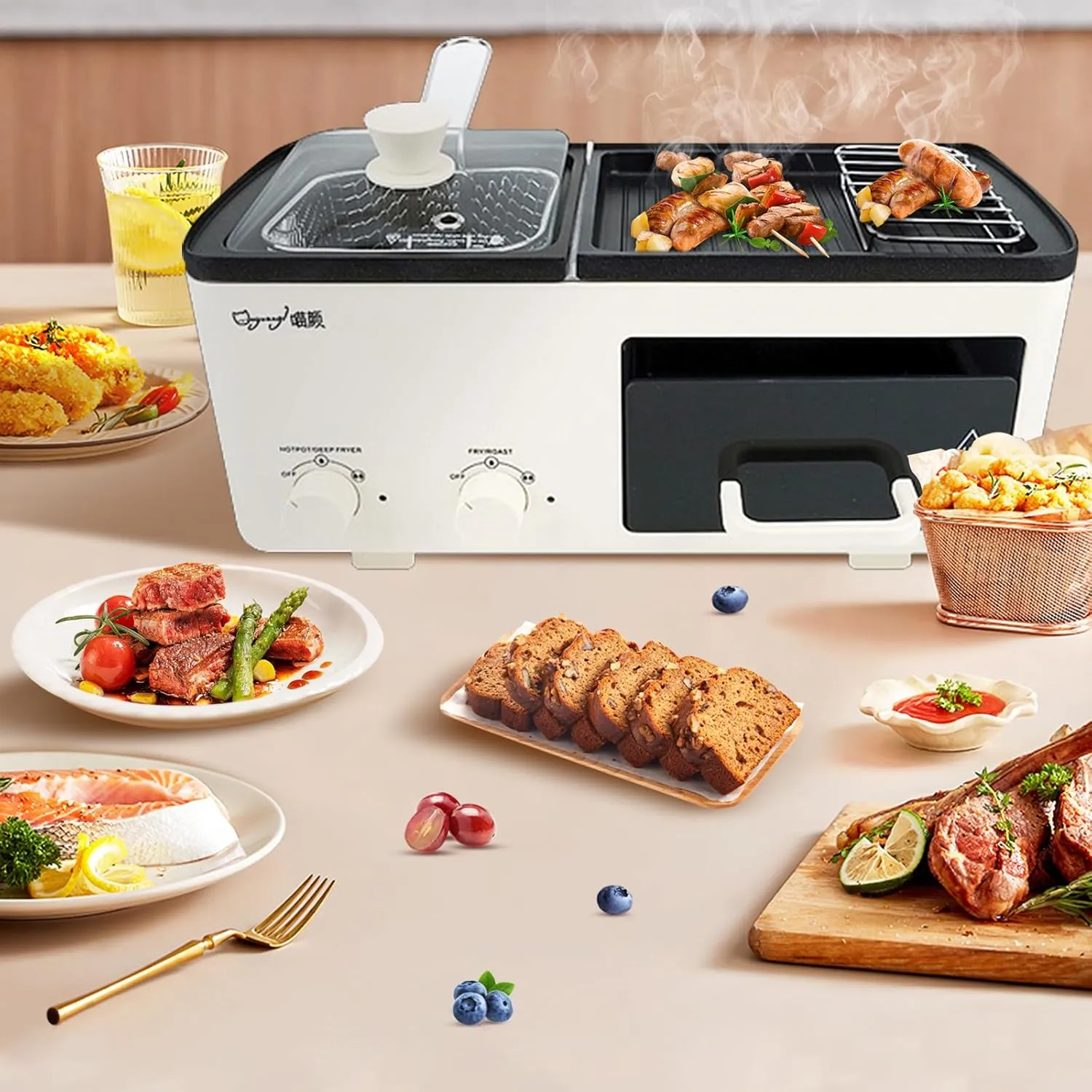 Yangming Newest 4 in 1 Breakfast Maker Station With Grill, Toast Drawer and Frying Basket, Removable Nonstick Plates, Independent Dual Temperature Control, Essential for Breakfast Burgers Eggs