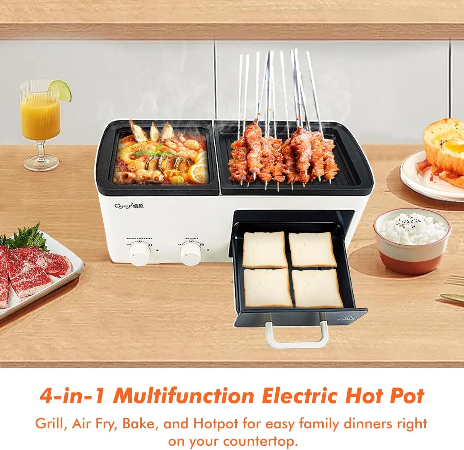 Yangming Newest 4 in 1 Breakfast Maker Station With Grill, Toast Drawer and Frying Basket, Removable Nonstick Plates, Independent Dual Temperature Control, Essential for Breakfast Burgers Eggs
