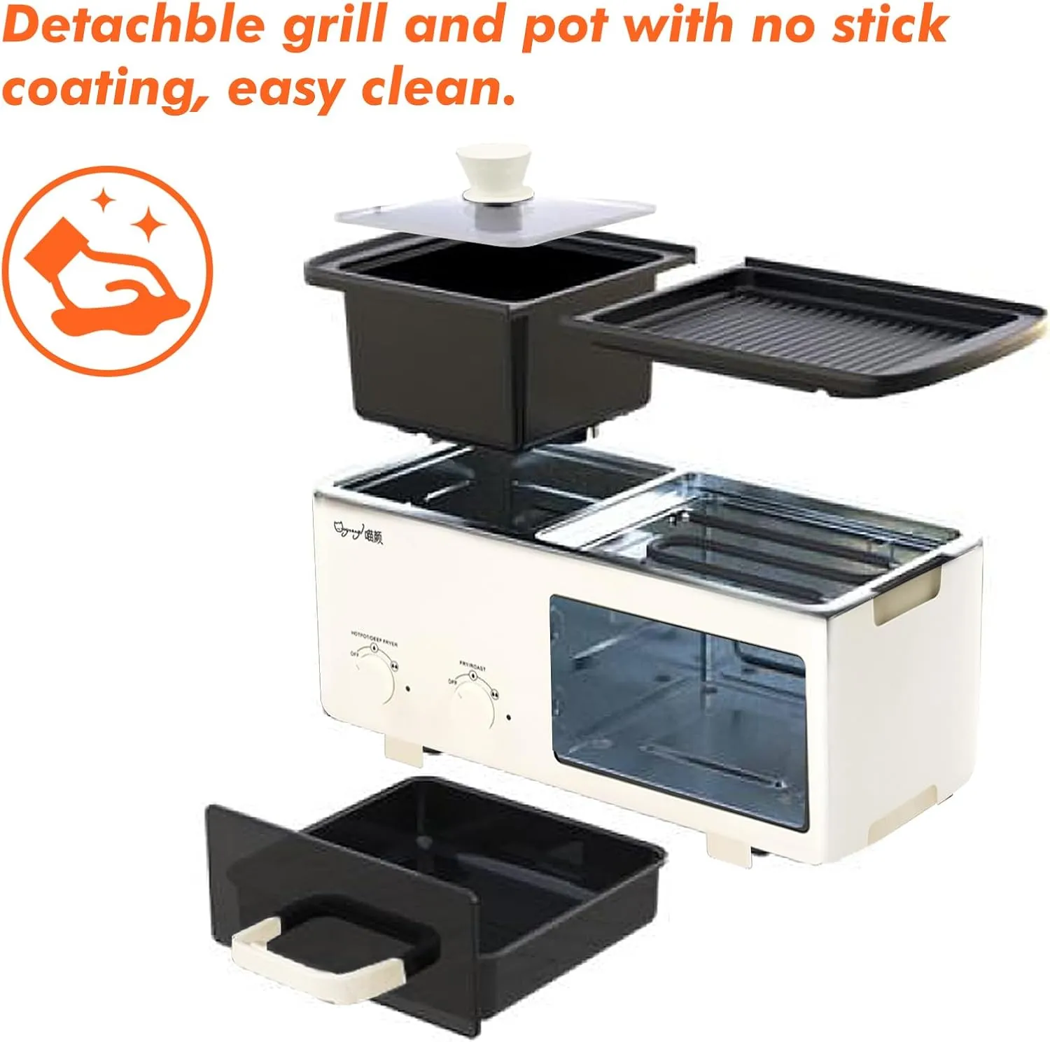 Yangming Newest 4 in 1 Breakfast Maker Station With Grill, Toast Drawer and Frying Basket, Removable Nonstick Plates, Independent Dual Temperature Control, Essential for Breakfast Burgers Eggs