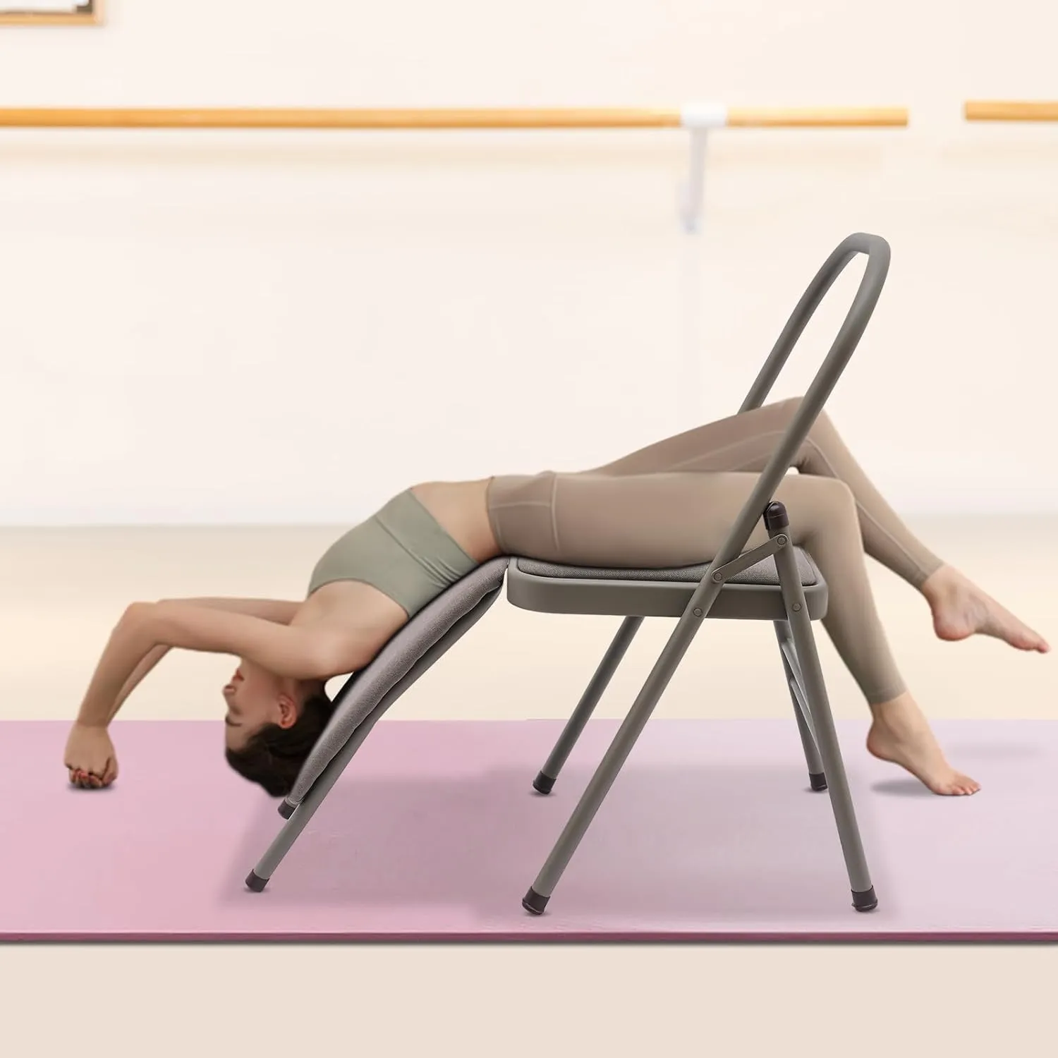 Yoga Auxiliary Chair, Foldable Yoga Chair with Lumbar Back Support, Balance Handstand Training Tool, Portable Practice Balance Equipment for Yoga Studio, Home Fitness, Outdoor Space (Grey)