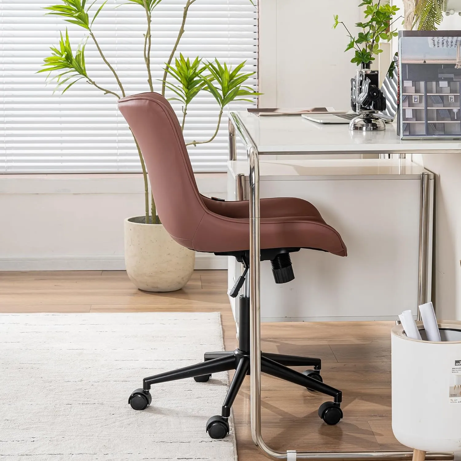 YOUNIKE Office Chair, Armless Desk Chair with Wheels, Adjustable Swivel Home Office Computer Task Chairs, Modern Faux Leather Upholstered Vanity Chair with Back, Dusty Rose