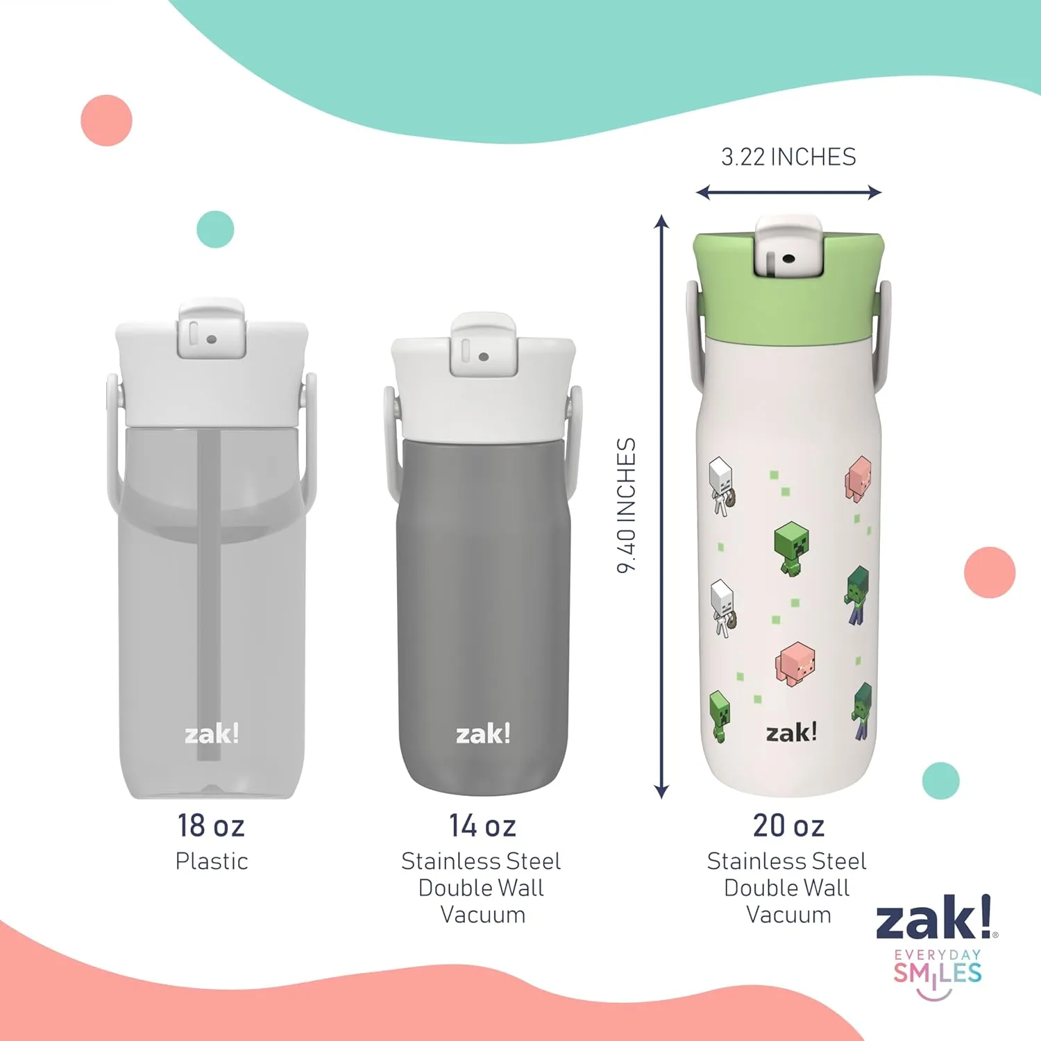 Zak Designs Harmony Minecraft Water Bottle for Travel or At Home, 20oz Stainless Steel is Leak-Proof When Closed and Vacuum Insulated with Straw Lid and Carry Handle (Minecraft Mobs)