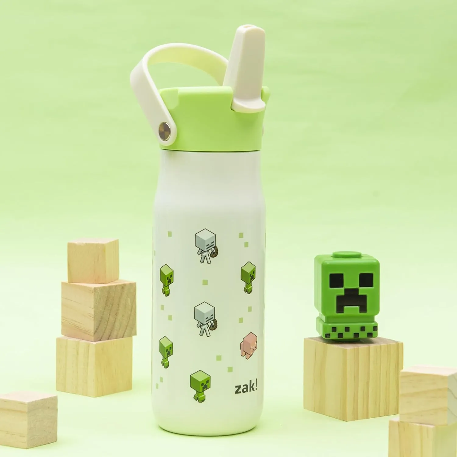 Zak Designs Harmony Minecraft Water Bottle for Travel or At Home, 20oz Stainless Steel is Leak-Proof When Closed and Vacuum Insulated with Straw Lid and Carry Handle (Minecraft Mobs)