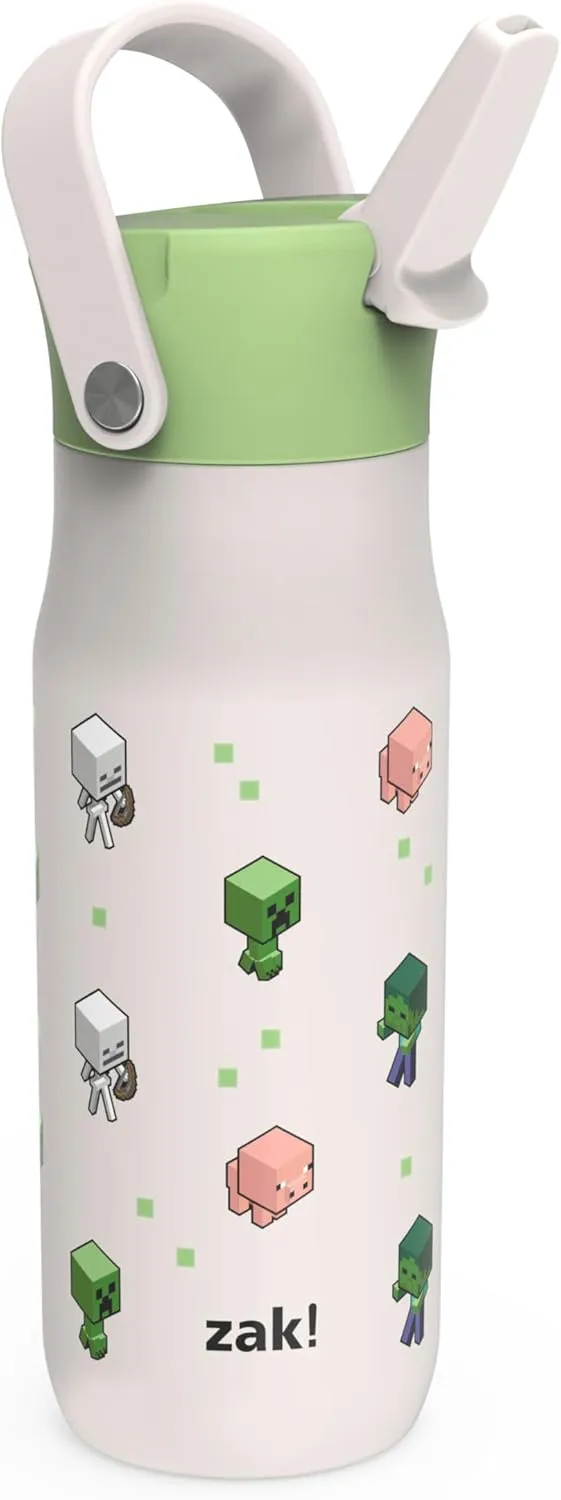 Zak Designs Harmony Minecraft Water Bottle for Travel or At Home, 20oz Stainless Steel is Leak-Proof When Closed and Vacuum Insulated with Straw Lid and Carry Handle (Minecraft Mobs)