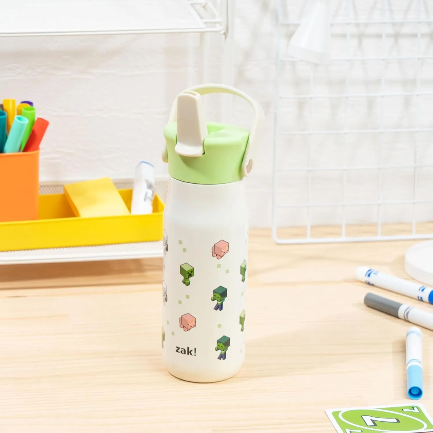 Zak Designs Harmony Minecraft Water Bottle for Travel or At Home, 20oz Stainless Steel is Leak-Proof When Closed and Vacuum Insulated with Straw Lid and Carry Handle (Minecraft Mobs)