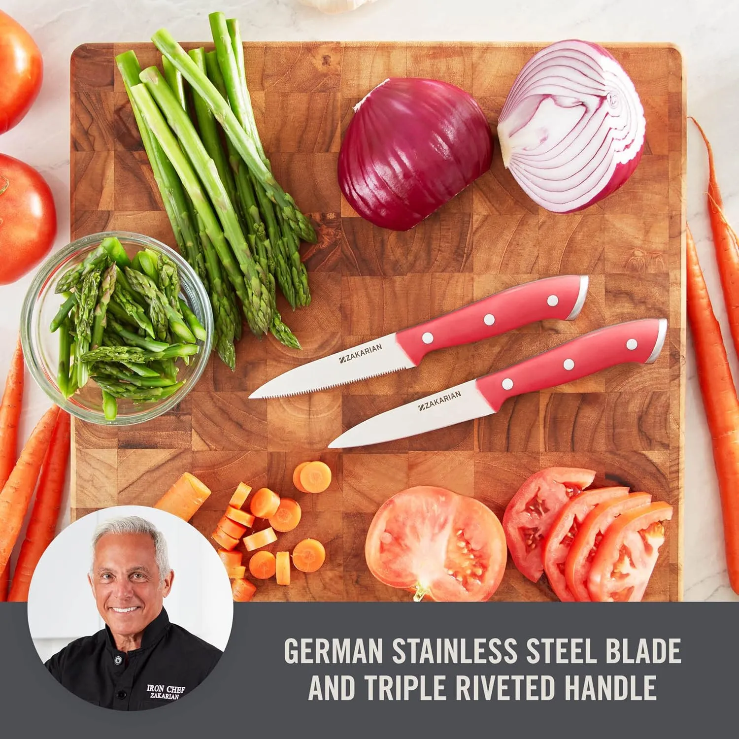 Zakarian by Dash 2 Piece Chef Grade German Steel Paring Knife Set with Smooth and Serrated Blades for Chopping, Dicing, Mincing, Slicing and More – Cranberry