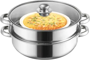 ZENFUN Steamer for Cooking, 2 Tier Stack and Steam Pot Set With Glass Lid, Stainless Steel Double Handle, 11 Inch (Thickened)