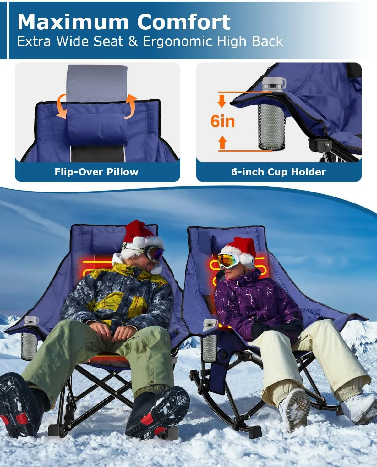 ZENPETIO Heated Camping Chair, Oversized Outdoor Rocking Chair with 20000mAh Power Bank, Portable Folding Heated Chair for Camp, Lawn, Sports, Winter Use