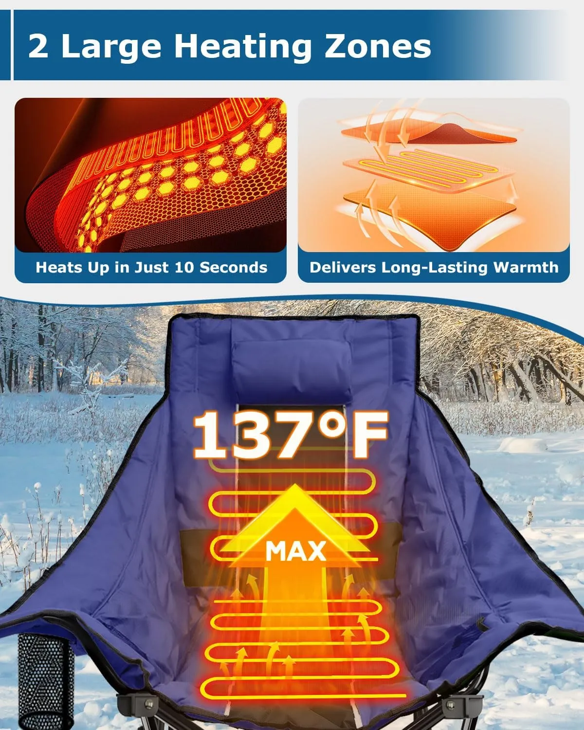 ZENPETIO Heated Camping Chair, Oversized Outdoor Rocking Chair with 20000mAh Power Bank, Portable Folding Heated Chair for Camp, Lawn, Sports, Winter Use