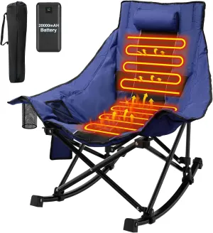 ZENPETIO Heated Camping Chair, Oversized Outdoor Rocking Chair with 20000mAh Power Bank, Portable Folding Heated Chair for Camp, Lawn, Sports, Winter Use