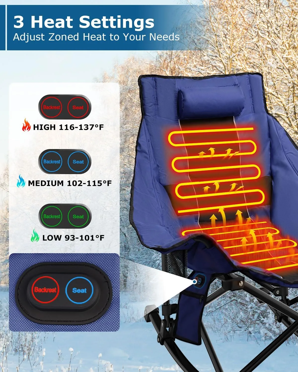 ZENPETIO Heated Camping Chair, Oversized Outdoor Rocking Chair with 20000mAh Power Bank, Portable Folding Heated Chair for Camp, Lawn, Sports, Winter Use