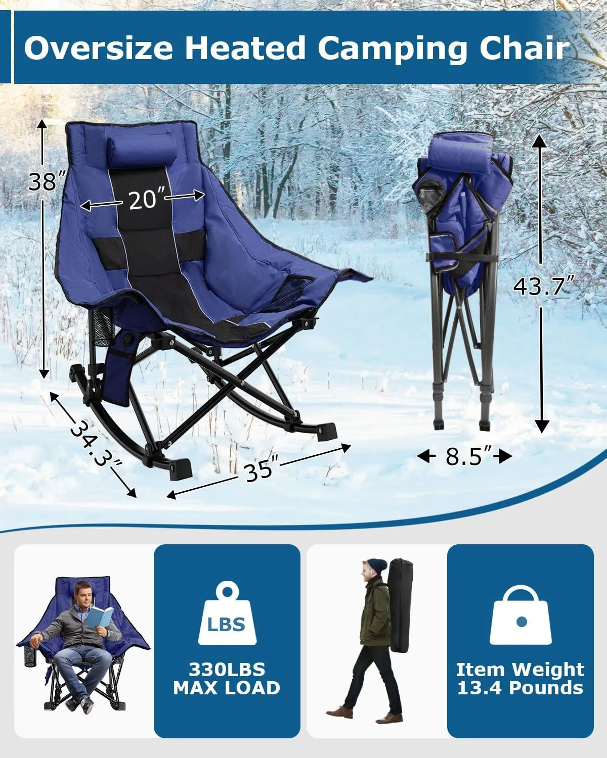 ZENPETIO Heated Camping Chair, Oversized Outdoor Rocking Chair with 20000mAh Power Bank, Portable Folding Heated Chair for Camp, Lawn, Sports, Winter Use
