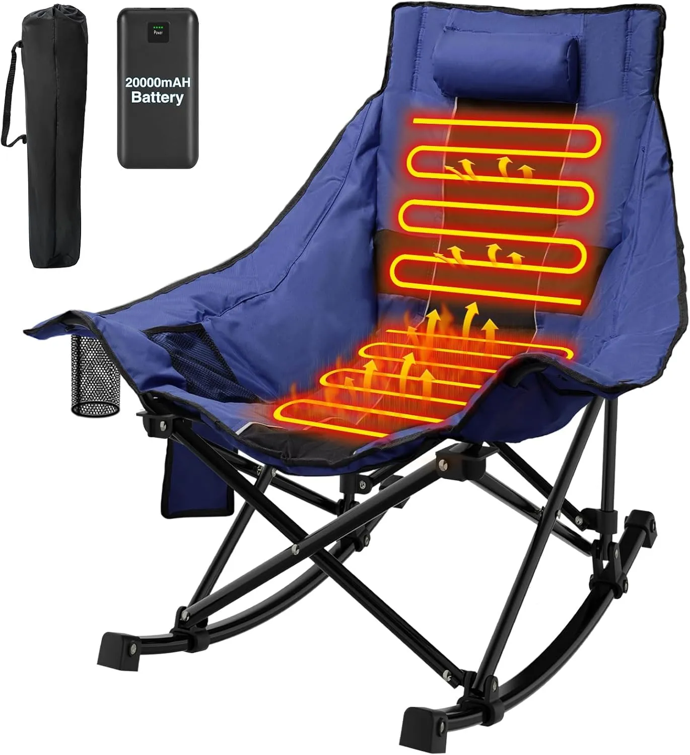 ZENPETIO Heated Camping Chair, Oversized Outdoor Rocking Chair with 20000mAh Power Bank, Portable Folding Heated Chair for Camp, Lawn, Sports, Winter Use