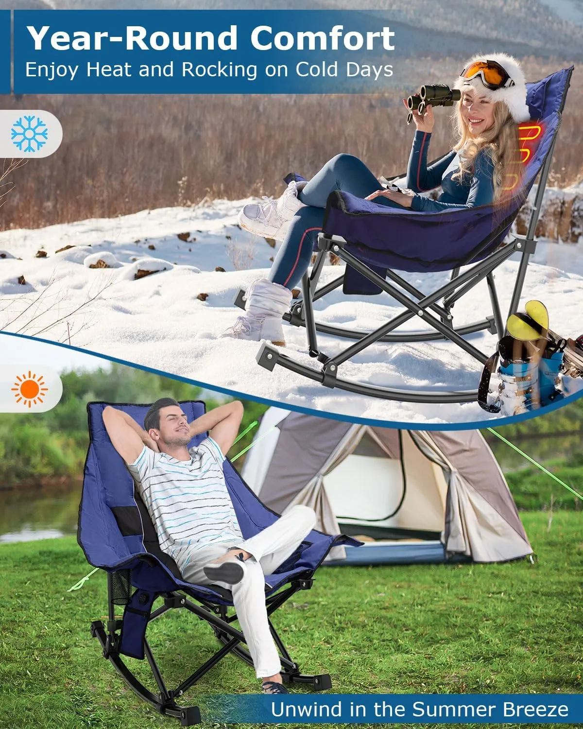 ZENPETIO Heated Camping Chair, Oversized Outdoor Rocking Chair with 20000mAh Power Bank, Portable Folding Heated Chair for Camp, Lawn, Sports, Winter Use