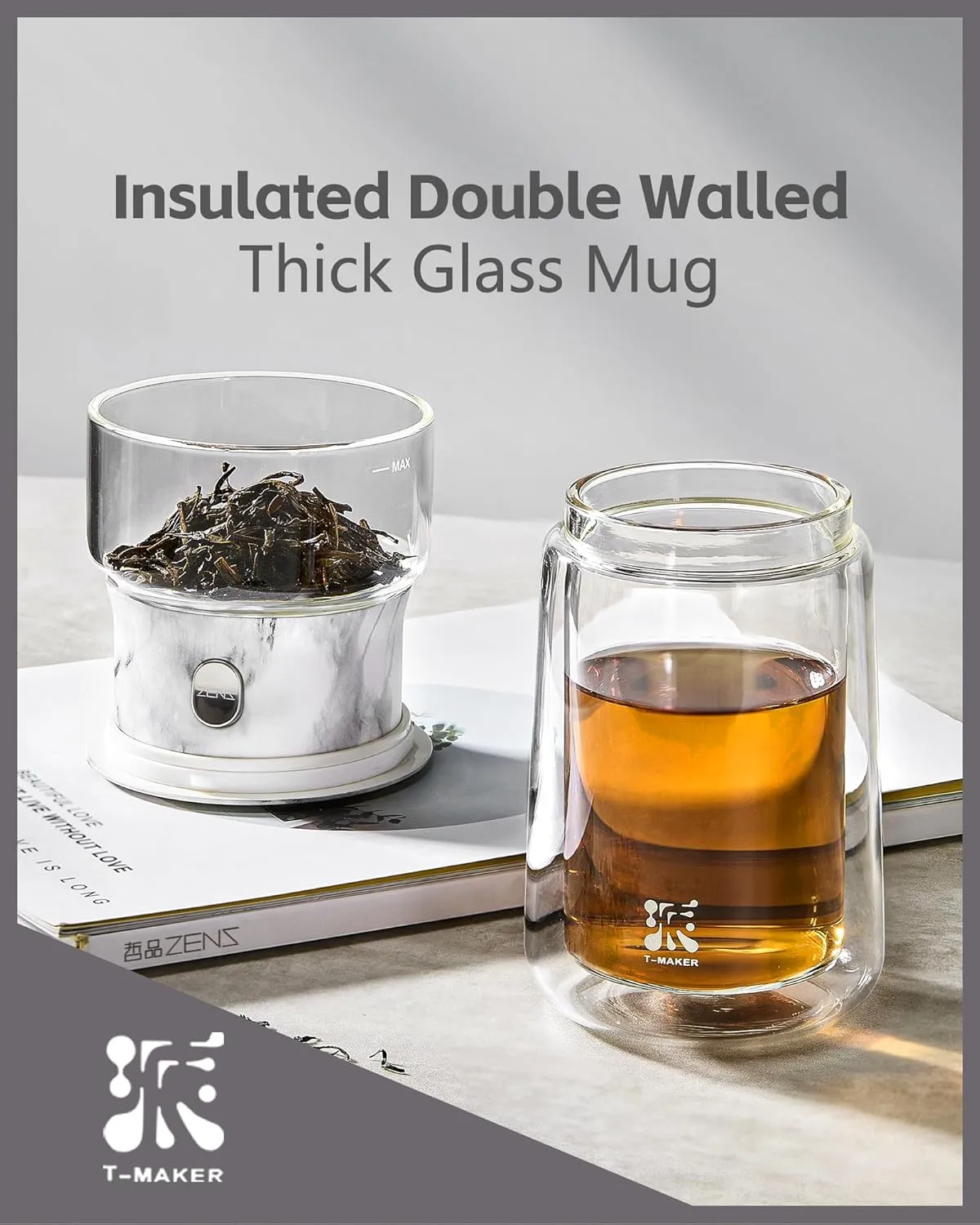 ZENS Modern One Touch Tea Maker, Glass Teapot with Infuser for Loose Leaf Tea Diffusers, Mess-Free Smart Pouring with Insulated Mug and Portable Tea Kits for Tea Lover Gifts