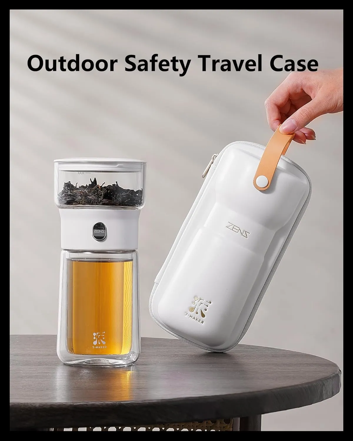 ZENS Modern Tea Pot, Glass Teapot with Infusers for Loose Tea Diffusers with One Touch Pouring, Cool Portable Tea Maker with Insulated Tea Mug and Travel Tea Kits for Tea Lover Gifts