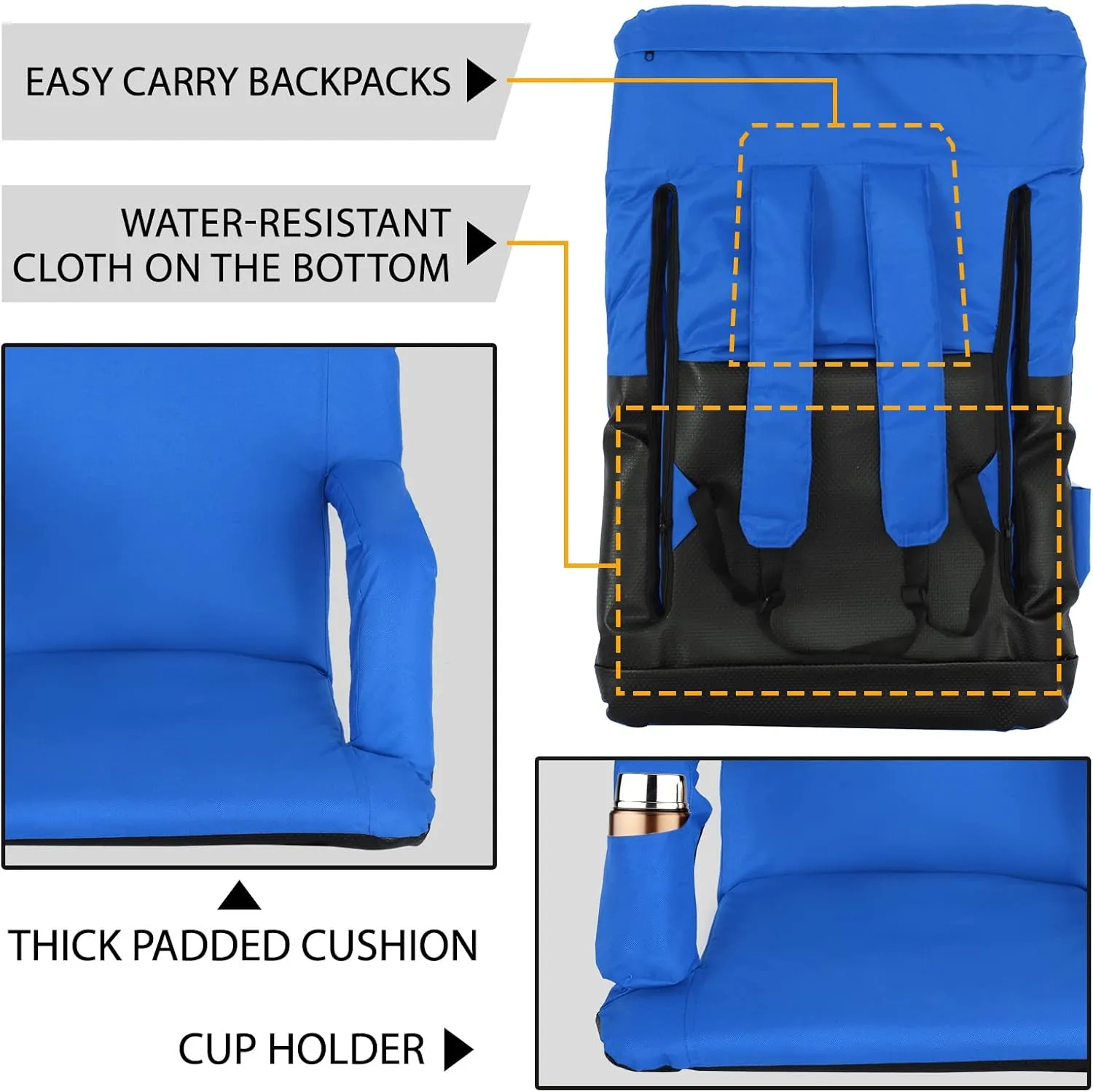 ZENY Folding Stadium Seat Chair with Back Support and Cushion for Bleachers 2 Pack, Reclining Bleacher Seat with Back, Armrests and Cup Holders